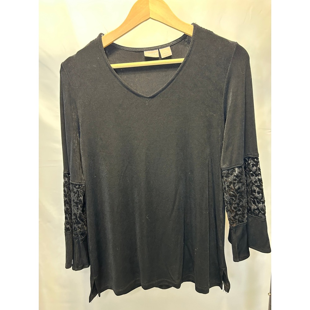 Chicos Travelers Top Womens 0 Black Excellent Velvet Burnout Lace V-Neck 3/4 Slv
